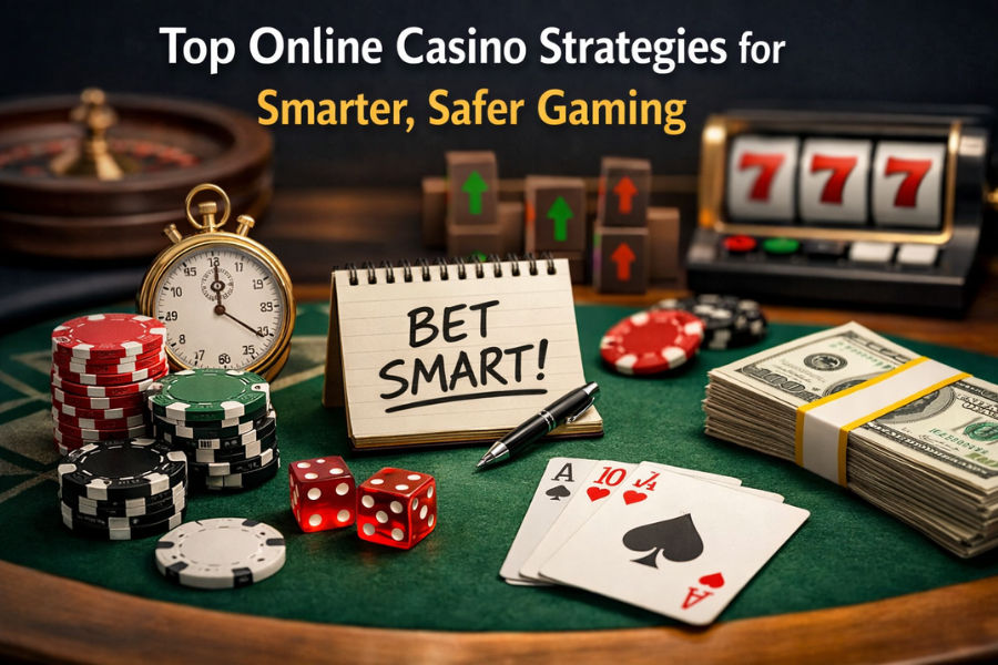 a traditional casino environemnt with dice and poker chips and cash and a card deck